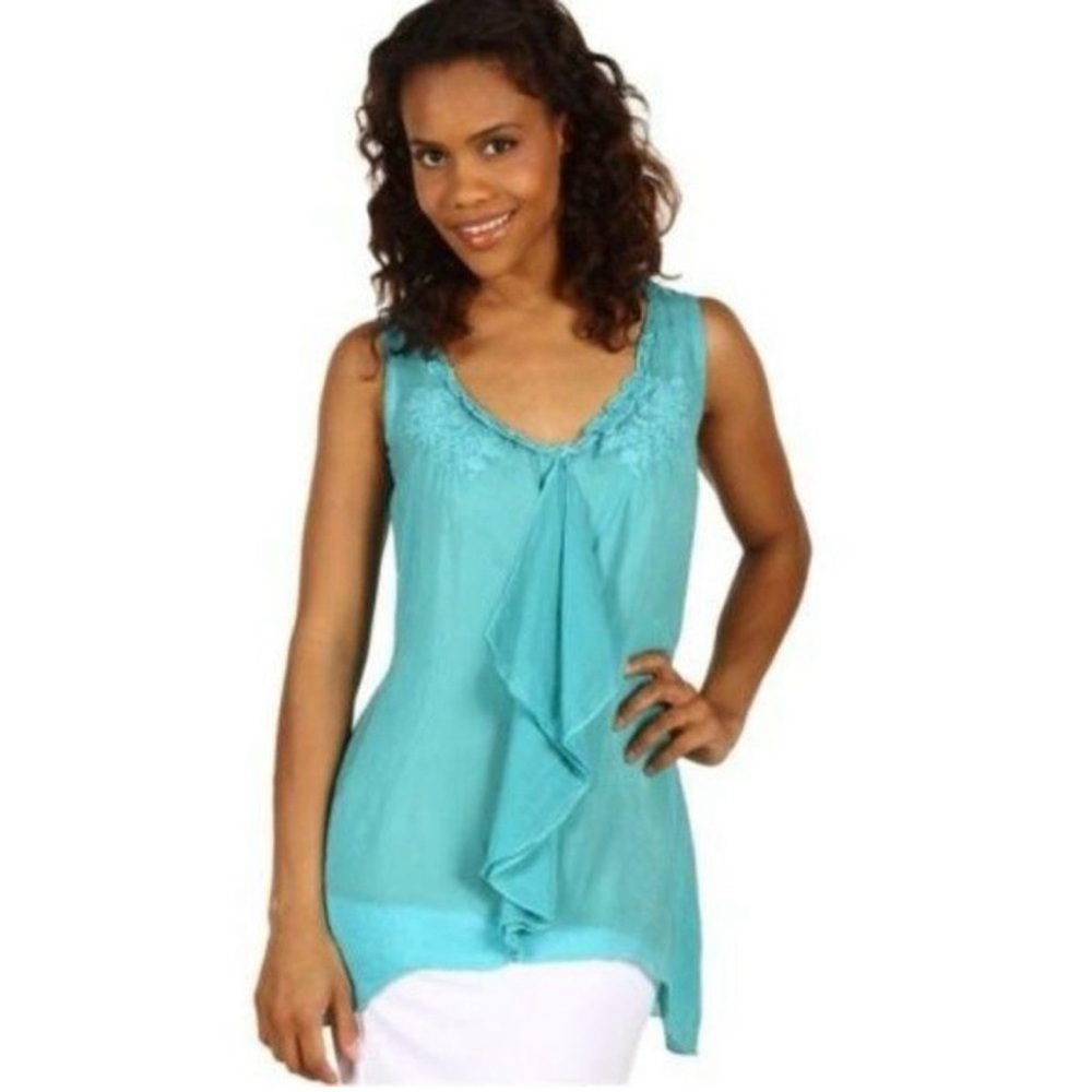 JOHNNY WAS Ruffle Embroidered Tank Top - Size XS in Beautiful Shade of Turquoise